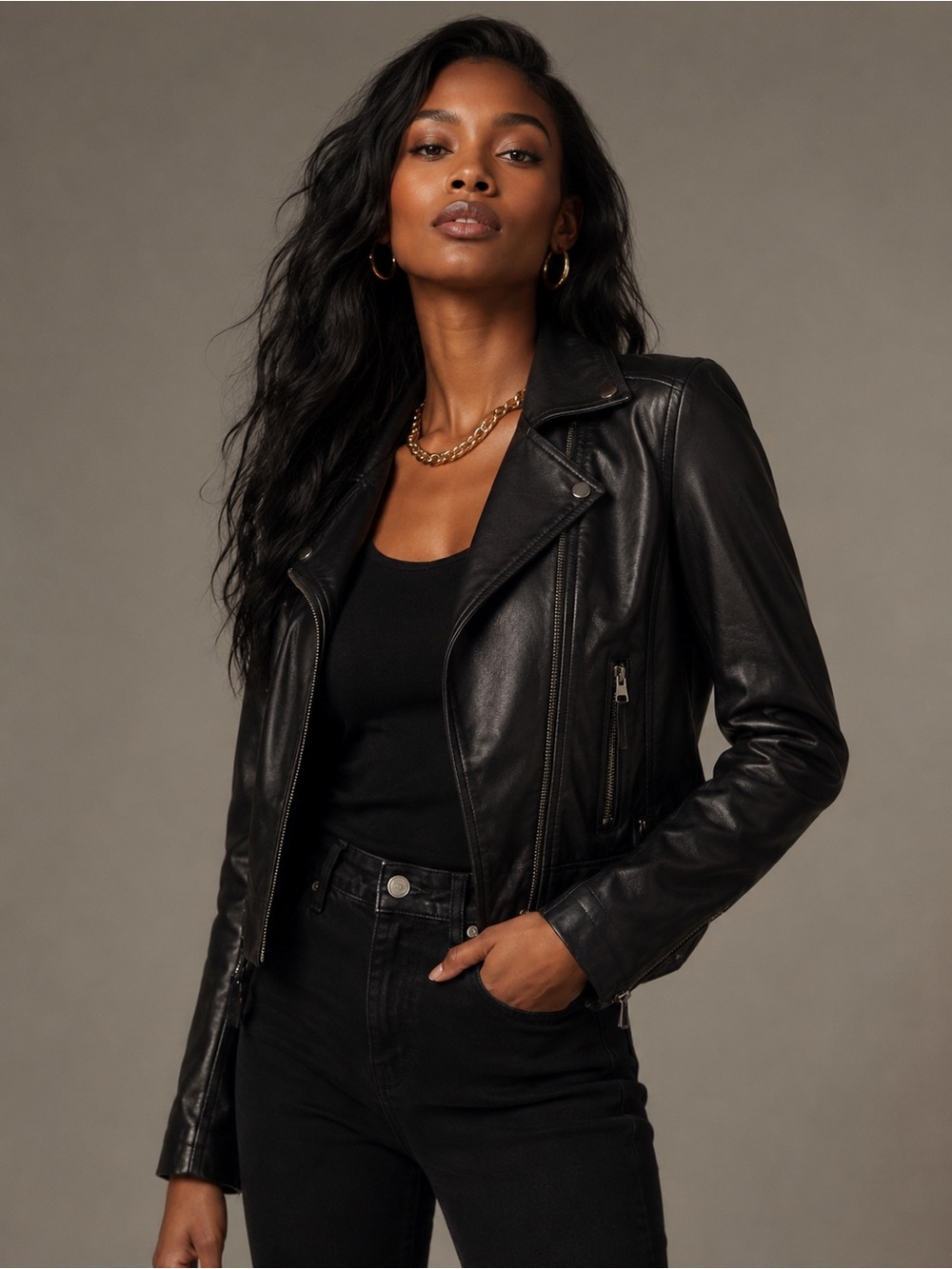 Max Studio Black faux Leather Moto Jacket with Zip Details 1X